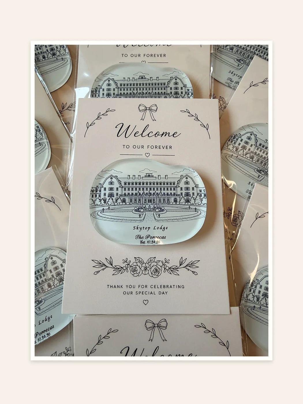 Custom venue acrylic fridge magnet with matching wedding favor card