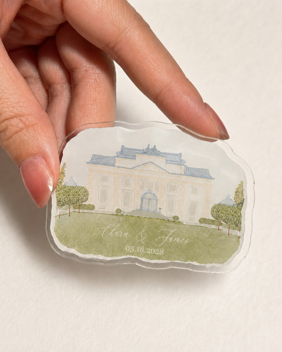 Custom acrylic fridge magnet in a home setting
