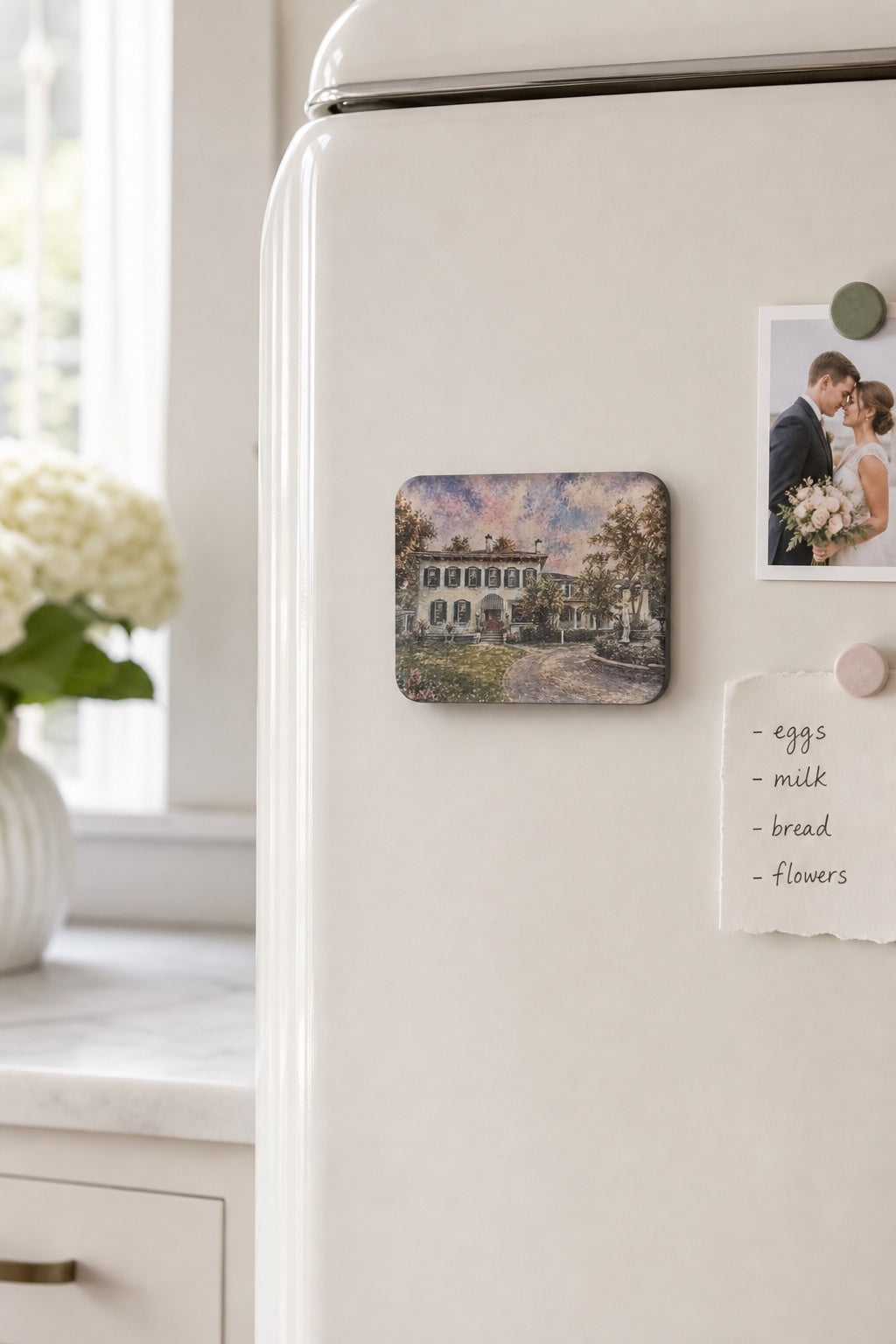 Custom acrylic fridge magnet in a home setting