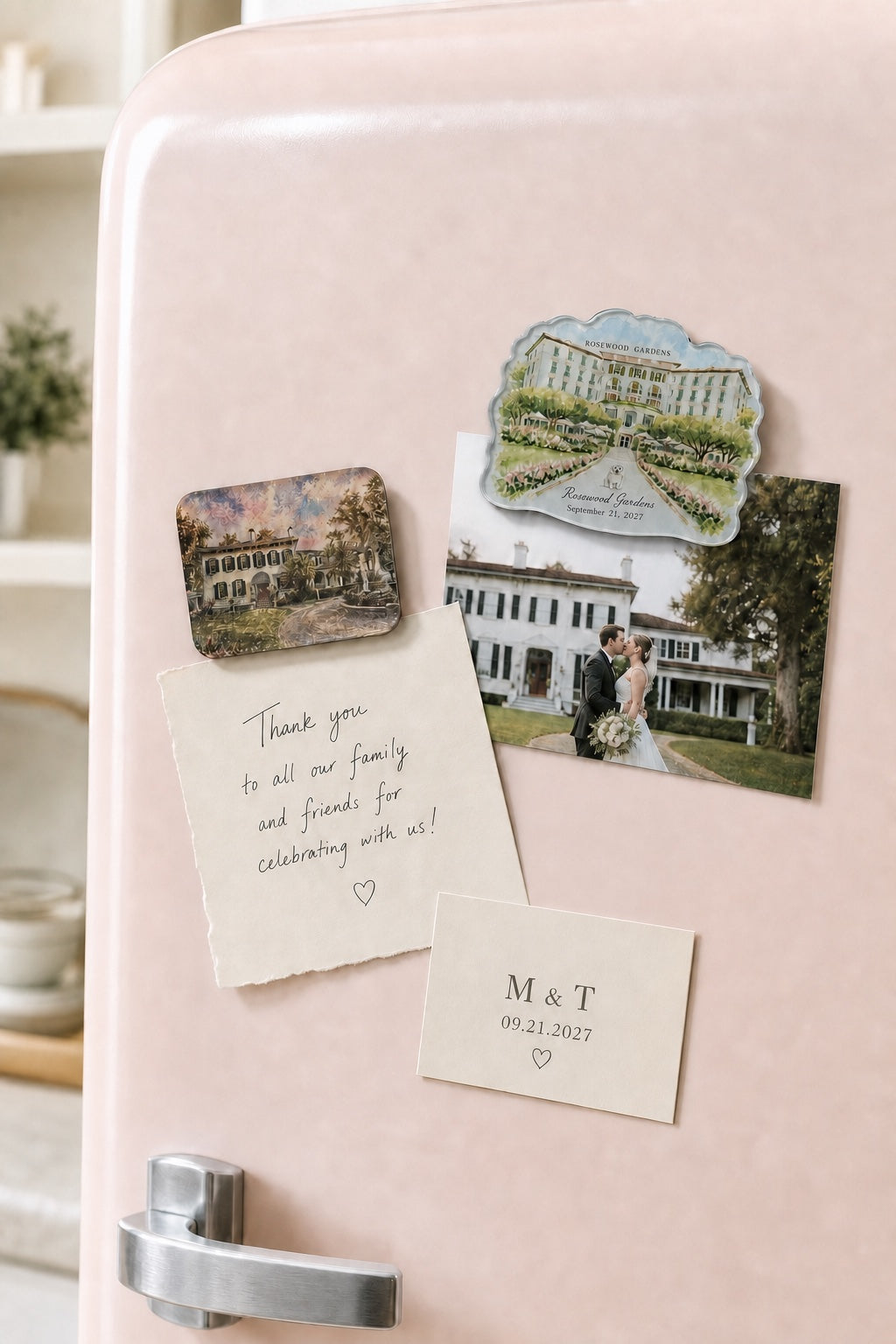 Custom acrylic fridge magnet in a home setting