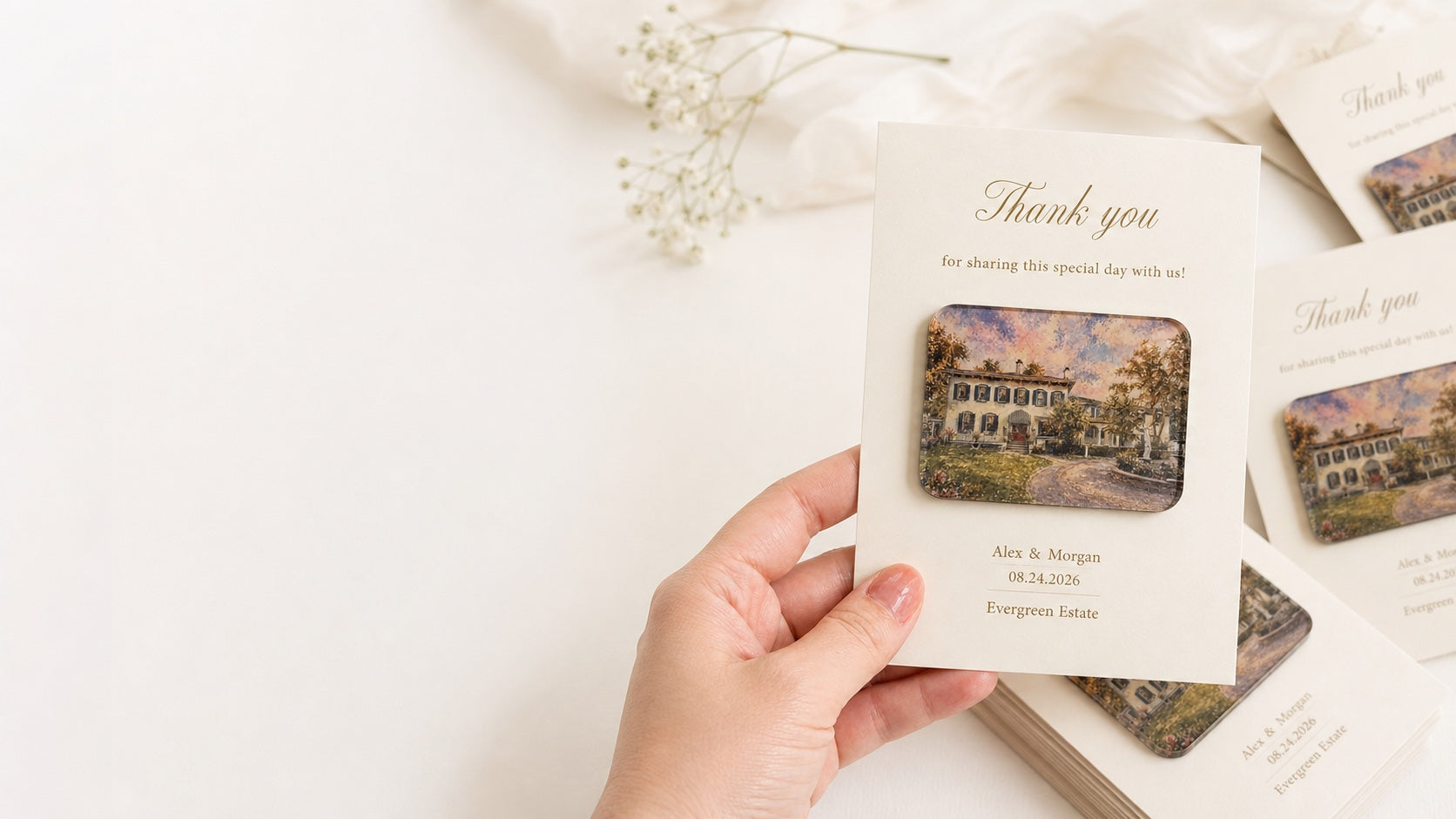 Personalized acrylic wedding venue fridge magnet on a backing card
